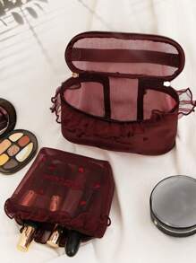1pc Heart Pattern Makeup Bag L/S Size Mesh Fabric Love Embroidered And Lace Trimmed Cosmetic Bag With Ruffle Edge And Handle Makeup Bag Storage Makeup Organizer Makeup Case Frill Pattern Cosmetic Bag Embroidery And Lace Detail, Charming Handheld Cosmetic Pouch For Wedding Gift, Gift, Friend Gift, Bridesmaid Gift, Her, Birthday Gift Makeup Bags Make Up Organizer Makeup Storage