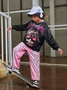 Tween Boy 3D  Letter Flame Pattern Hoodie And Pants Set - Pink - View 3