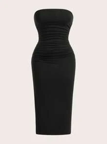 SHEIN EZwear 繽紛針織無肩帶女裝連衣裙 - 巧克力棕 - 查看 5