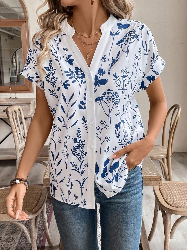 Notch Collar Button Front Floral Loose Casual Shirt, Summer