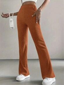 Women Casual Plain Ribbed Flare Pants - Coral Orange - View 3