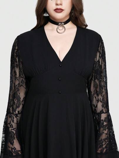 Goth Vestido gótico sexy de talla grande con escote pronunciado en V, mangas acampanadas, bajo asimétrico, inserciones de encaje y cintura ceñida