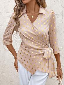 SHEIN Clasi Camisa mediana con diseño de lazo envolvente en las mangas - Albaricoque - Ver 4