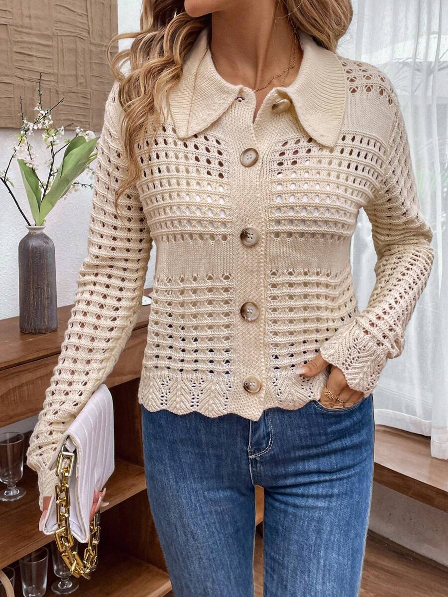 SHEIN LUNE 空氣编织落肩开衫 - 杏色 - 查看 1