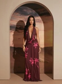 SHEIN Unity Robe fleurie à col bénitier et dos nu, robe élégante, robe fleurie, robe de vacances - Rouge foncé - Voir 7