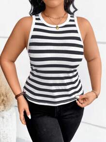 Calvaya Plus Size Women's Striped Printed Sleeveless Tank Top Graphic Tees Women Tops