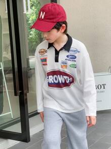 SHEIN Tween Boys' Loose Patterned Collared Colorblock Long-Sleeved Polo Shirt - White - View 5