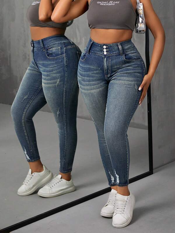 SHEIN SXY Plus High Waist Ripped Skinny Jeans