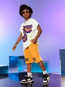 SHEIN Explorewe Tween Boys Bear & Slogan Graphic Batwing Sleeve Tee & Shorts - Grey - View 4