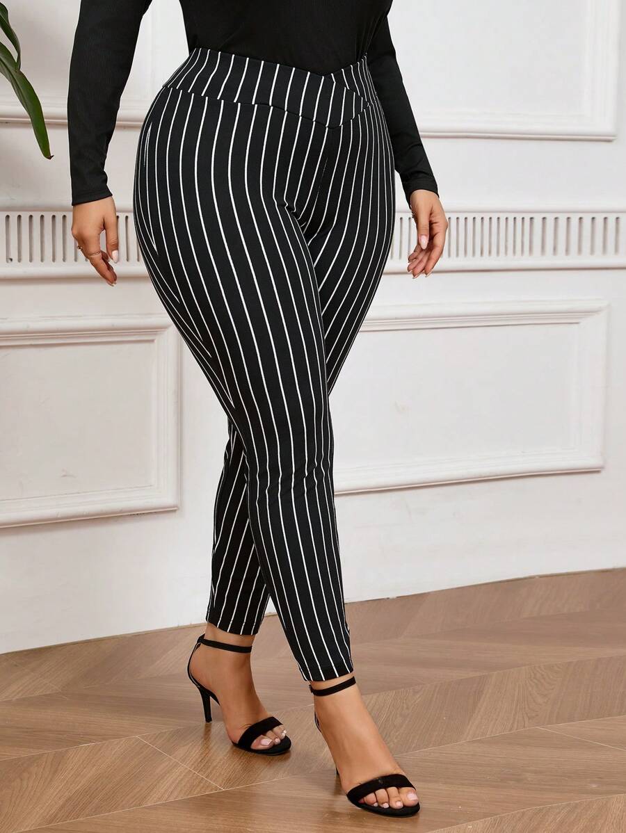 SHEIN Privé Plus Size Thanh lịch V-Eo Slim Fit dài đi làm Sọc đen trắng Retro Giáo viên hàn lâm Quần công sở văn phòng, Quần giải trí thường ngày, Đi học lại - Đen và trắng - Xem 1