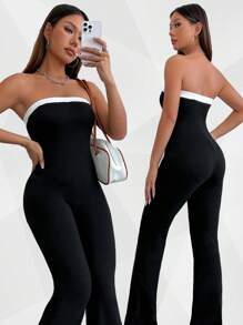 Flirla Sexy Color Block Strapless Jumpsuit In Black & White - Black and White - View 3