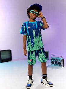 SHEIN Explorewe 男童幾何印花短袖t恤和短褲套裝