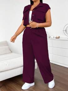 Flirla Conjunto de talla grande de camisa holgada sin mangas con múltiples bolsillos y pantalones casuales tipo cargo de 2 piezas