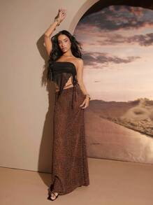 Hauture Leopard Print Side Strings Maxi Skirt Vacation Outfits - Multicolor - View 2