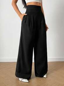 Pantalones largos extra casuales y minimalistas de unicolor para mujer - Negro - Ver 5