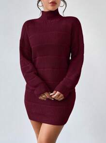 EMERY ROSE Solid Color Stand Collar Long Sleeve Short Dress - Burgundy - View 5