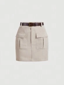 SHEIN MOD 杏色短款复古裙配腰带和口袋，复古女装，卡其色裙子，休闲裙，秋季服装，返校服装，服装，巡航女装 - 杏色 - 查看 1