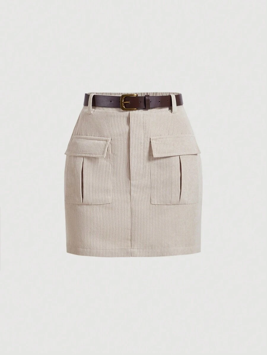 SHEIN MOD 杏色短款复古裙配腰带和口袋，复古女装，卡其色裙子，休闲裙，秋季服装，返校服装，服装，巡航女装 - 杏色 - 查看 1