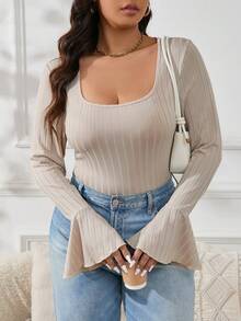 SHEIN Essnce Camiseta básica de manga acampanada de unicolor para mujer talla grande, primavera otoño - Caqui - Ver 4