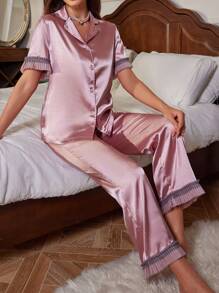 Color Block Pleated Lace Decoration Short-Sleeve Top And Long Pants Pajama Set, Imitation Silk Collar