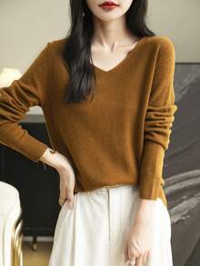 女士 100% 美利奴羊毛毛衣 单线无缝毛衣 女士 V 领毛衣 秋冬长袖柔软针织套头衫