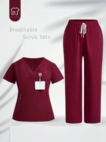 TaskEZ Set aus einfarbigem Kurz-Arm Oberteil und Hose für Damen in Große Größen, praktische Arbeitskleidung