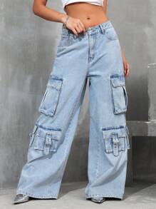Front Button Multiple Pocket Side-Strap Jeans, Daily Casual Wear Low Rise Straight Leg Jeans - Light Wash - View 2
