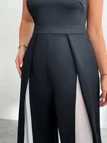 SHEIN Privé Plus Size Women's Halter Neck Long Jumpsuit Color Block Jumpsuit, Fall Back To School - Black - View 7