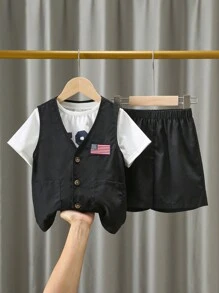 Kids Summer Outfits - 3pcs Young Boy Comfortable & Casual Style American Independence Day Flag Printed T-Shirt, Flag Patch Vest And Shorts Set