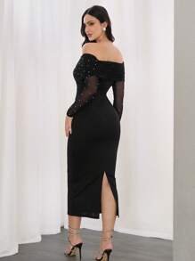 Modelyn Off Shoulder Pearls Beaded Mesh Insert Bodycon Dress Long Evening Dresses