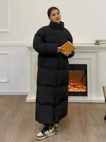 DAZY Women's Solid Color Stand Collar Long Warm Padded Coat, Winter Outwear - Black - View 5