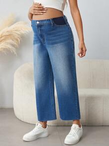SHEIN Maternity Loose Fit Denim Capri Pants, Blue Jeans - Dark Wash - View 1