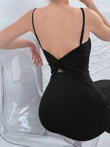 Aloruh 後系結彈性帶肩帶長裙，開背設計，無袖，適合夏季穿著 - 黑色 - 查看 2