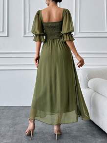 Vestido largo de gasa ahumada de unicolor - Verde - Ver 2