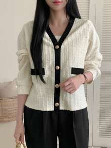 DAZY Women's Casual Business Color Block Trim Regular Jacket Women Coats - Black and White - View 7