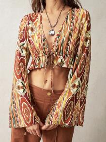 Bohemela Women's Full Print Vacation Style Tie Front Ruffle Hem Long Sleeve Cropped Shirt