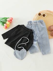 寶寶女孩流行有領上衣配破洞長褲套裝和袋子 - 彩色 - 查看 2