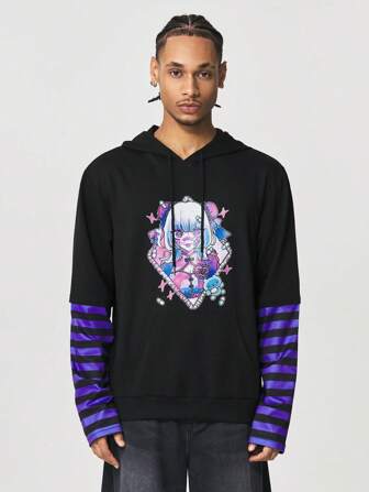 Men's Cartoon Print Contrast Color Hooded Sweatshirt, School