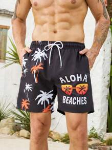 CoralVoy Men Coconut Tree & Letter Graphic Drawstring Waist Swim Trunks - Black - View 3