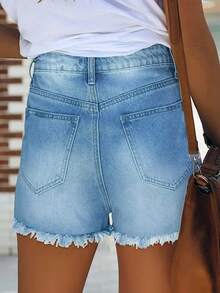 Women's American Flag Printed Distressed Denim Shorts With Frayed Hem And Pockets - Blue - View 2