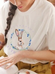 DAZY 女款白兔印花T恤 可爱上衣、图案T恤 - 杏色 - 查看 3