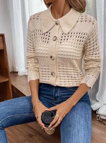 SHEIN LUNE 空氣编织落肩开衫 - 杏色 - 查看 6