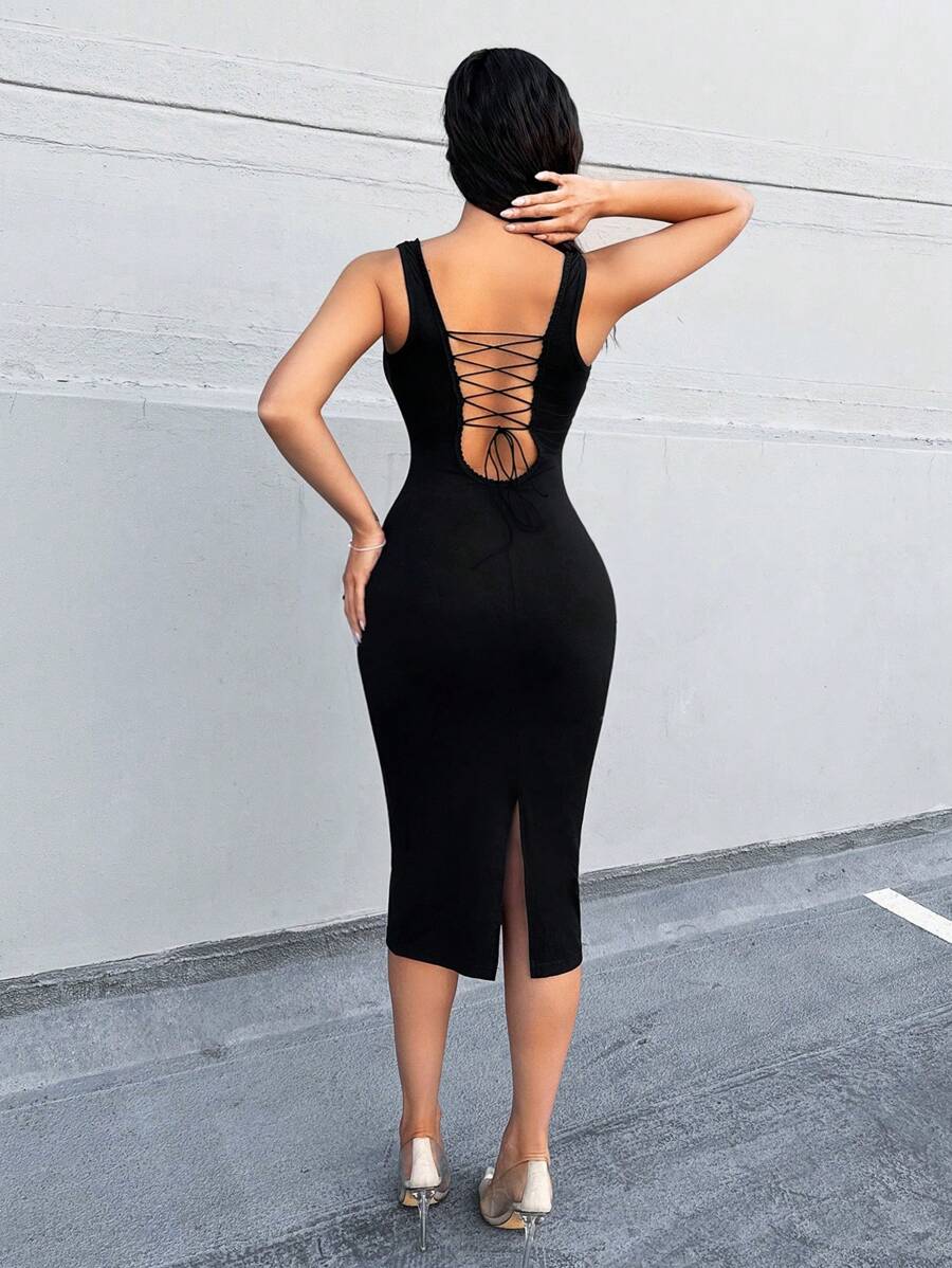 Zolique Robe longue d'été élégante pour femme, coupe ajustée, dos avec bretelles, sans manches, couleur unie