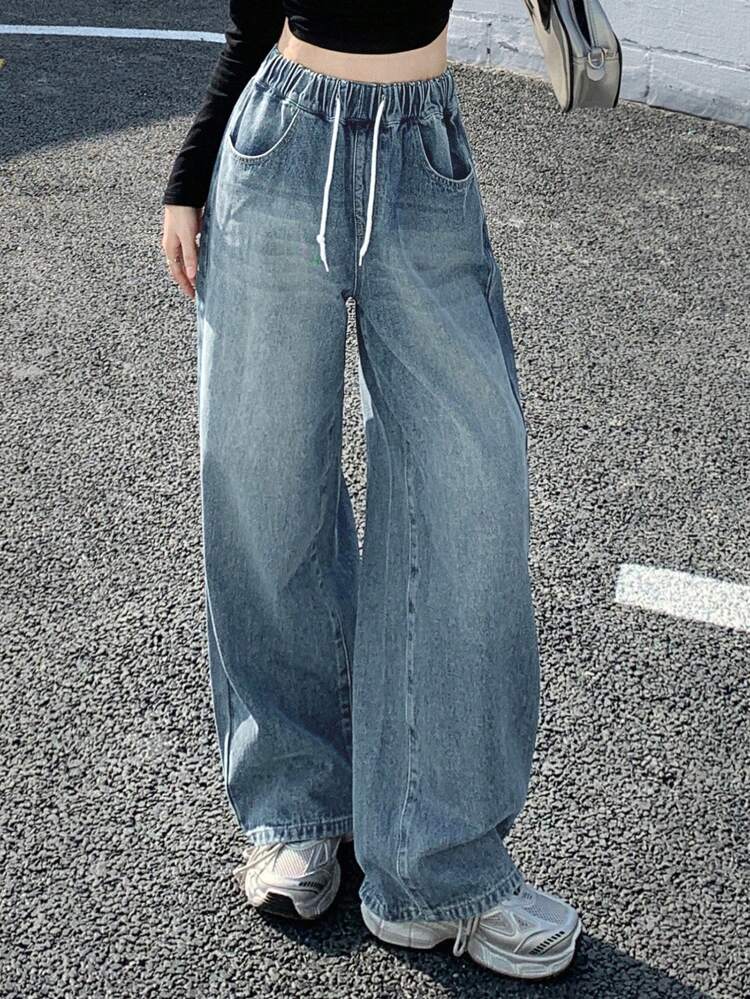 Women Drawstring Waist Wide Leg Casual Jeans For Daily Wear,Baggy Jeans