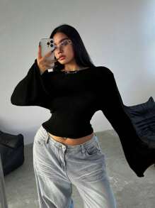 Flirla Versatile And Sexy Solid Color Bell Sleeve Plus Size Sweater Knit Pullover Fall Winter Autumn - Black - View 4