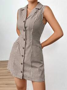 SHEIN EZwear 復古紅白相間格紋短袖連衣裙 - 棕色 - 查看 5