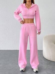 SHEIN PETITE 女士时尚粉色拉链连帽运动衫和裤子两件套 - 粉色 - 查看 3