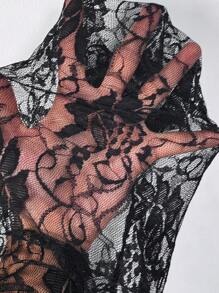 SHEIN Clasi 大尺碼圓領花邊拼接褶皺連衣裙 - 黑色 - 查看 6