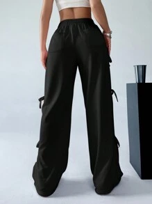 SHEIN EZwear Quần short thắt nơ màu hồng ngọt ngào và dễ thương cho mùa Xuân/Hè - màu đen - Xem 2