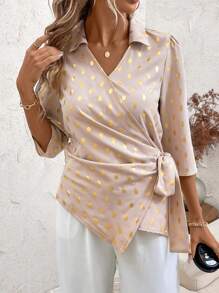 SHEIN Clasi Camisa mediana con diseño de lazo envolvente en las mangas - Albaricoque - Ver 3